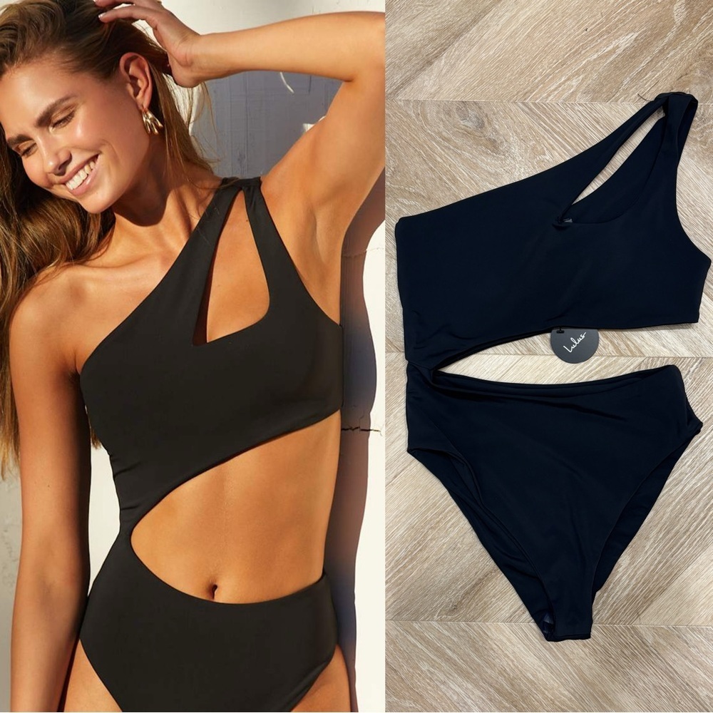 NWT Lulus Sun Bound Black Cutout One-Shoulder One-Piece Swimsuit